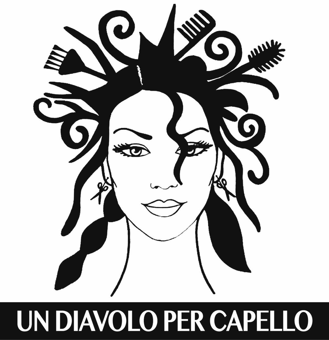 Il disegno del salone: una donna con i capelli fatti di pettini, forbici e pennelli, e la scritta Un Diavolo Per Capello